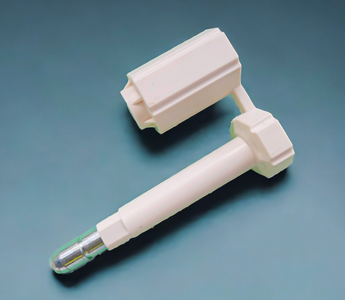 Container security bolt seals with plastic body and metal locking pin.