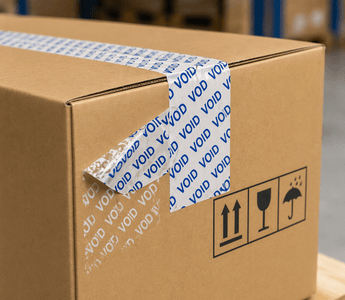 Tamper tape applied to cardboard carton on pallet, showing VOID security seal for supply chain protection by JW Products