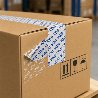Tamper tape applied to cardboard carton on pallet, showing VOID security seal for supply chain protection by JW Products
