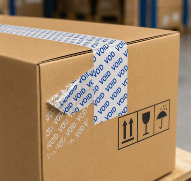 Tamper tape applied to cardboard carton on pallet, showing VOID security seal for supply chain protection by JW Products