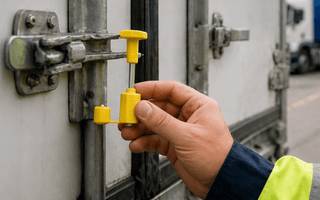 Security seals from JW Products applied to trailer door latch during logistics handover, showing intact seal for chain of custody and cargo protection
