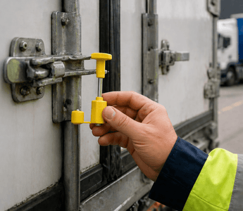 Security seals from JW Products applied to trailer door latch during logistics handover, showing intact seal for chain of custody and cargo protection