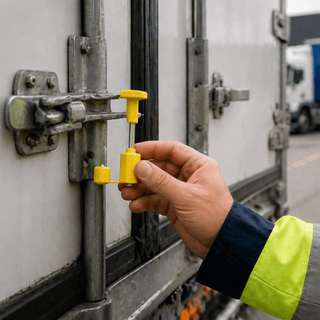 Security seals from JW Products applied to trailer door latch during logistics handover, showing intact seal for chain of custody and cargo protection