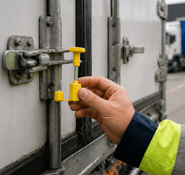 Security seals from JW Products applied to trailer door latch during logistics handover, showing intact seal for chain of custody and cargo protection