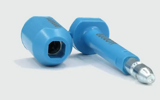 Two blue bolt seals for securing cargo containers, trailers and transport loads, shown side by side on a white background.