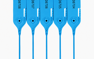 Five blue sequentially numbered tamper-evident security seals displayed in a row against a clean white background.