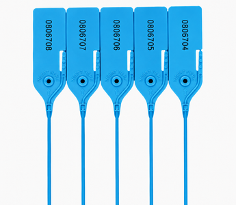 Five blue sequentially numbered tamper-evident security seals displayed in a row against a clean white background.