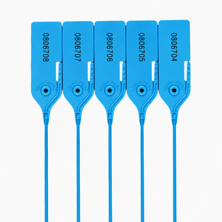 Five blue sequentially numbered tamper-evident security seals displayed in a row against a clean white background.