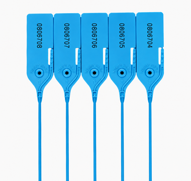 Five blue sequentially numbered tamper-evident security seals displayed in a row against a clean white background.