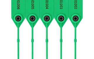 Five green numbered tamper-evident security seals with circular locking mechanisms and long plastic ties.