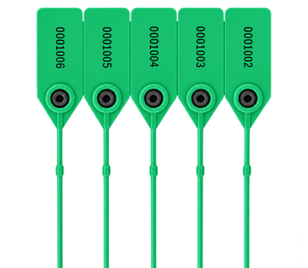 Five green numbered tamper-evident security seals with circular locking mechanisms and long plastic ties.