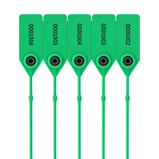 Five green numbered tamper-evident security seals with circular locking mechanisms and long plastic ties.