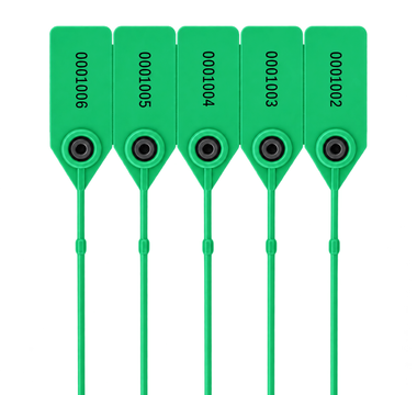 Five green numbered tamper-evident security seals with circular locking mechanisms and long plastic ties.