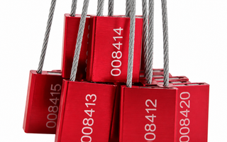 Red numbered cable seals with braided steel wires, featuring durable metal locking bodies for secure identification and tamper-evident applications.
