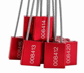 Red numbered cable seals with braided steel wires, featuring durable metal locking bodies for secure identification and tamper-evident applications.