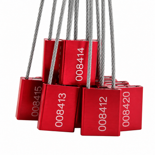 Red numbered cable seals with braided steel wires, featuring durable metal locking bodies for secure identification and tamper-evident applications.