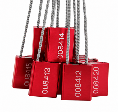 Red numbered cable seals with braided steel wires, featuring durable metal locking bodies for secure identification and tamper-evident applications.