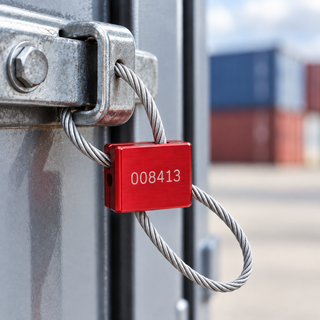 Red numbered cable seal with braided steel wire secured around an industrial metal latch for tamper-evident security and identification.